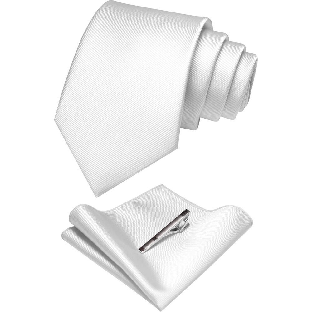Men's White 2 Colour Formal Necktie and Pocket Square Tie Clip Sets